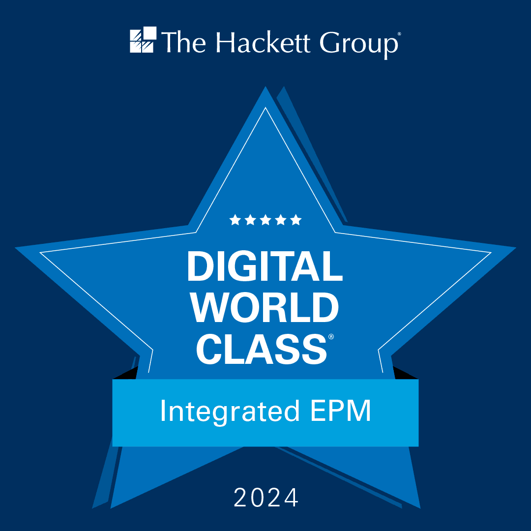 Badge from The Hackett Group showing OneStream as a Digital World Class Integrated EPM for 2024